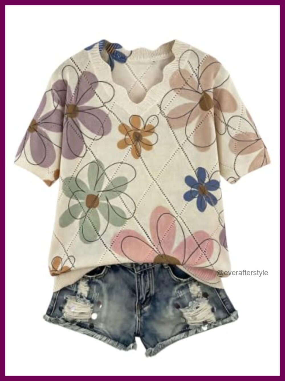 Verdusa Crochet Knit Sweater Top Boho Floral V Neck Short Sleeve Women's